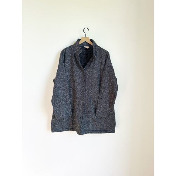 EILEEN FISHER Organic-Cotton Twisted Terry Stand-Collar Jacket Black White Large - Picture 1 of 9